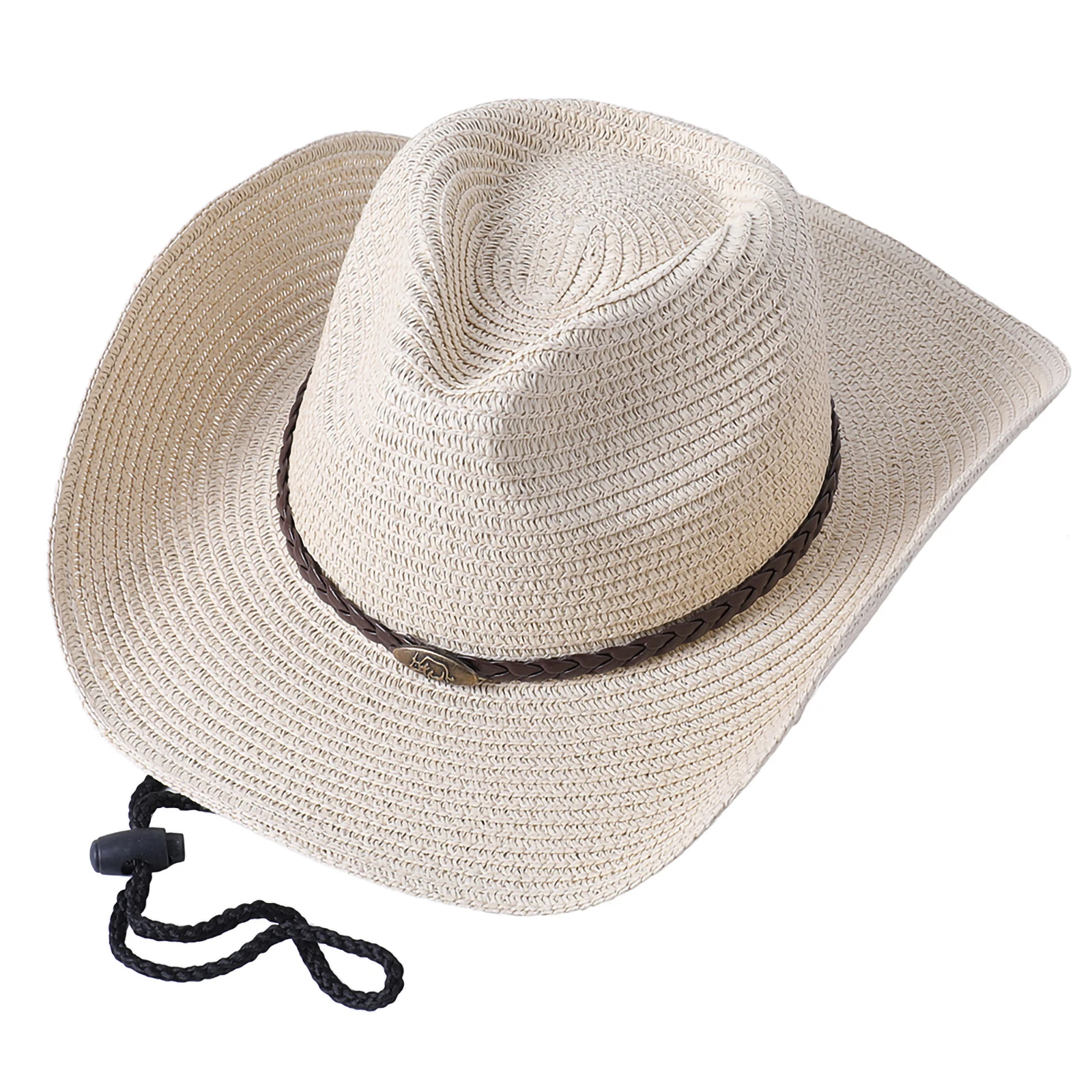 Men Women Straw Hat Western Cowboy Sun Hat Belt Adjustable Shoulder Strap Outdoor Seashore Beach Casual Straw Hat