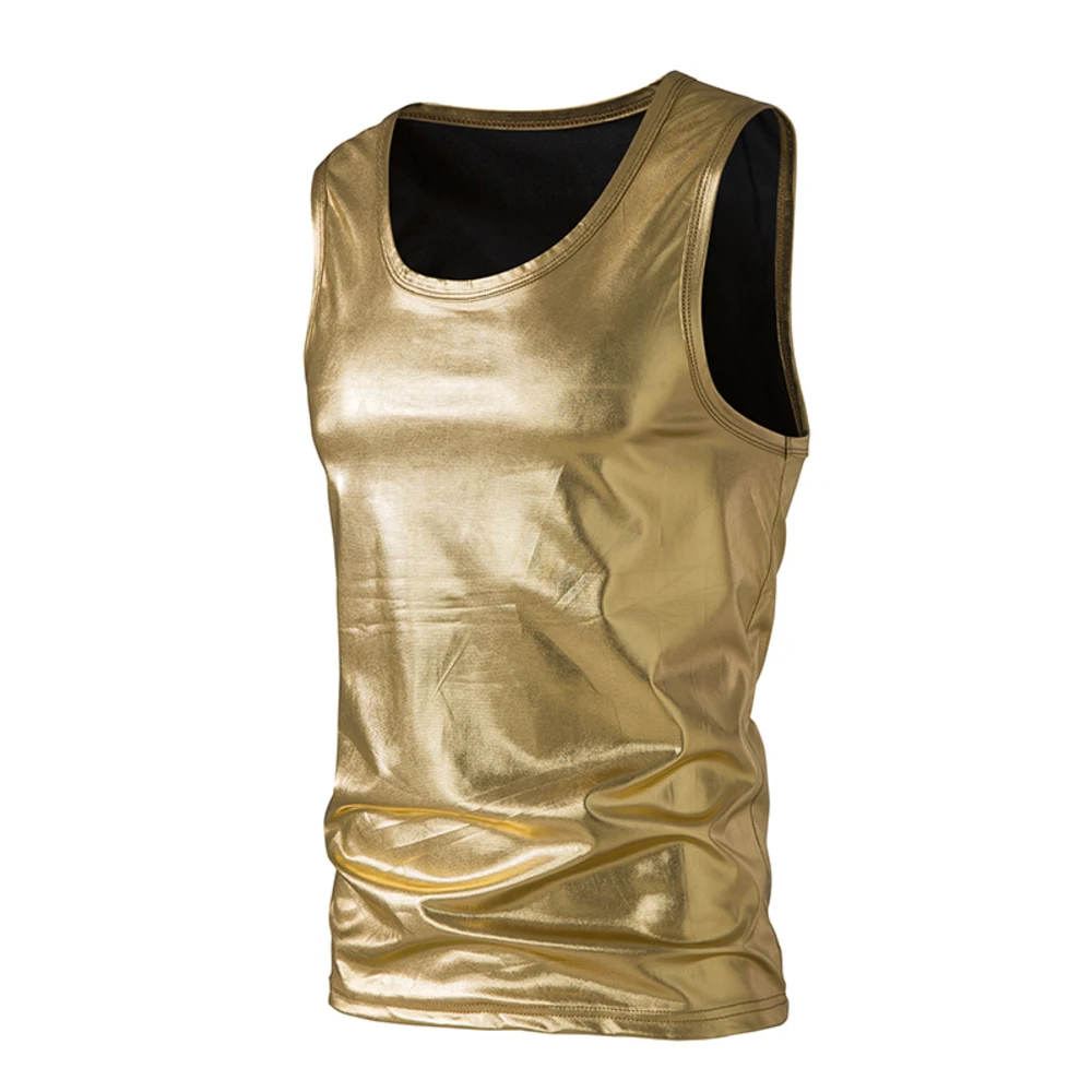 New Summer Men's Glossy Silver Gold Metal Night Club Prom Sleeveless Casual Tank Top T-shirt Fashion