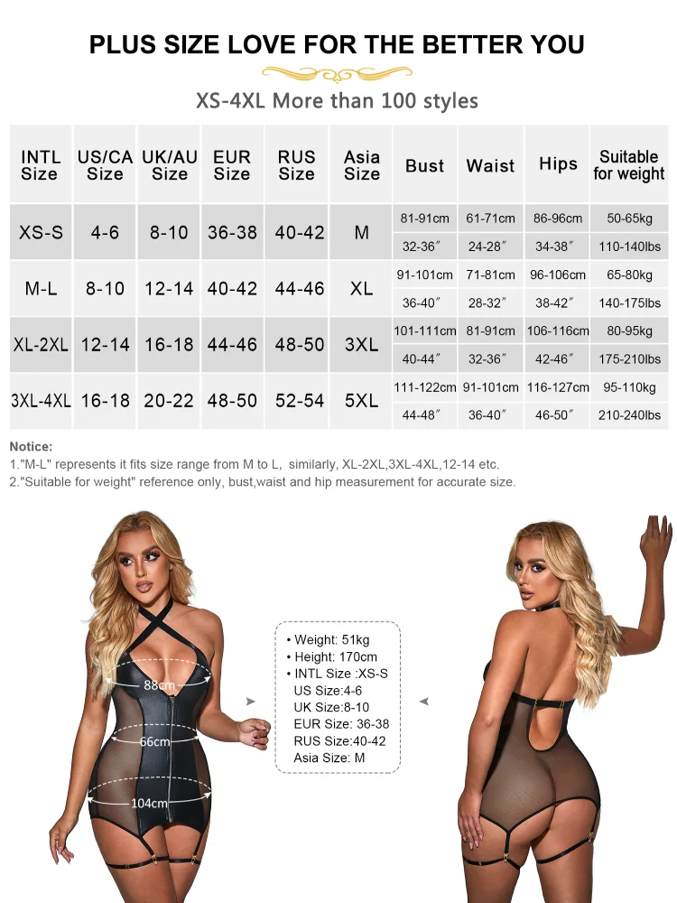 Comeondear Black Halter Lingerie Mini Dress Leather Mesh Suspenders Nightgown Sexy Deep V Babydoll Pajamas Plus Size Sleepwear