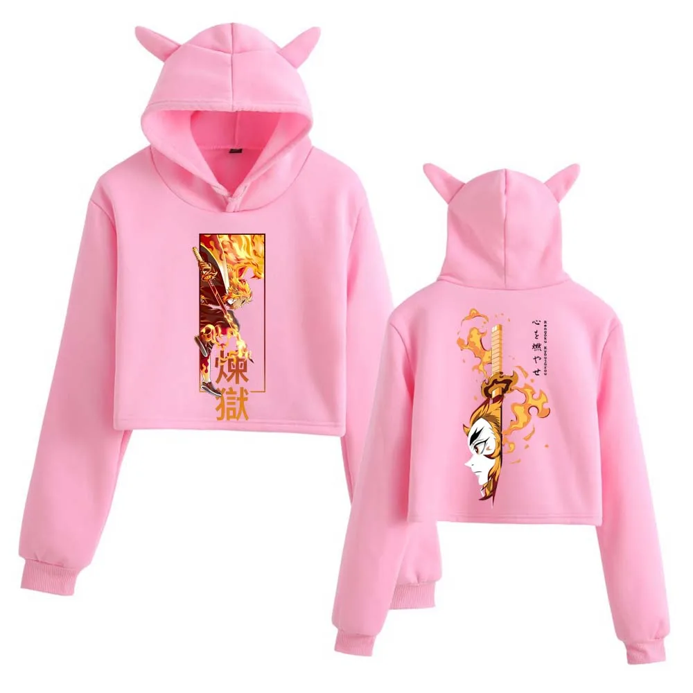 أنيمي شيطان القاتل Rengoku Kyoujurou المحاصيل قمم آذان القط البلوز طويلة الأكمام الفتيات الأزياء هوديي