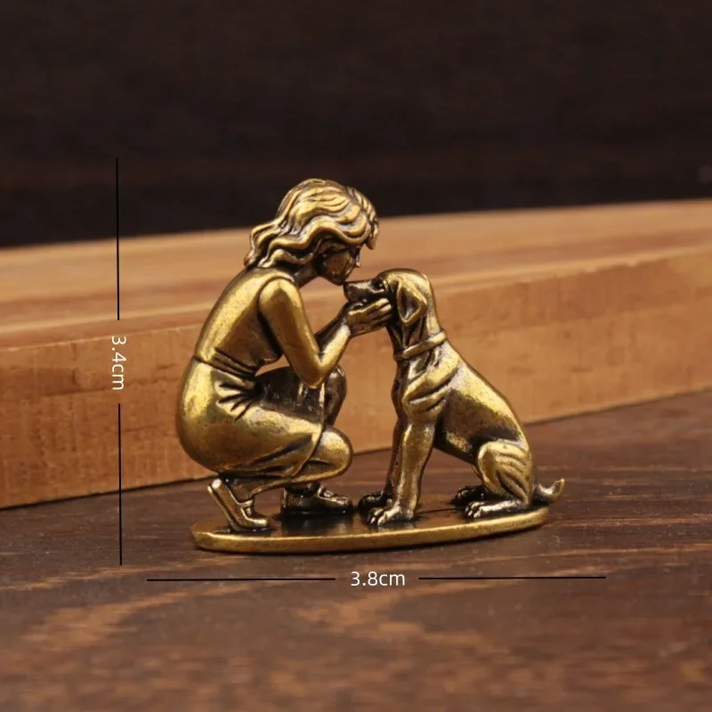 Brass Girl Dog Figure Home Decor Desk Ornament Retro Figurine Small Decorative Crafts Creative Brass Decoration