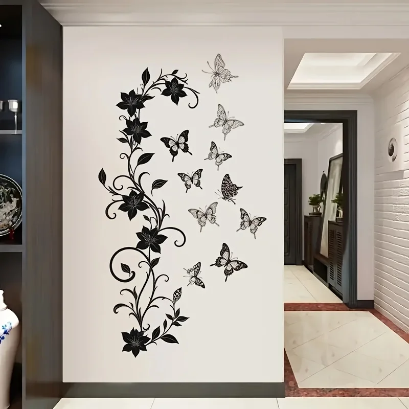 1 Black Floral Vine and Butterfly Wall Sticker - Minimalist Black and White Themed Sticker, Simple Modern Style Home Decoration Item