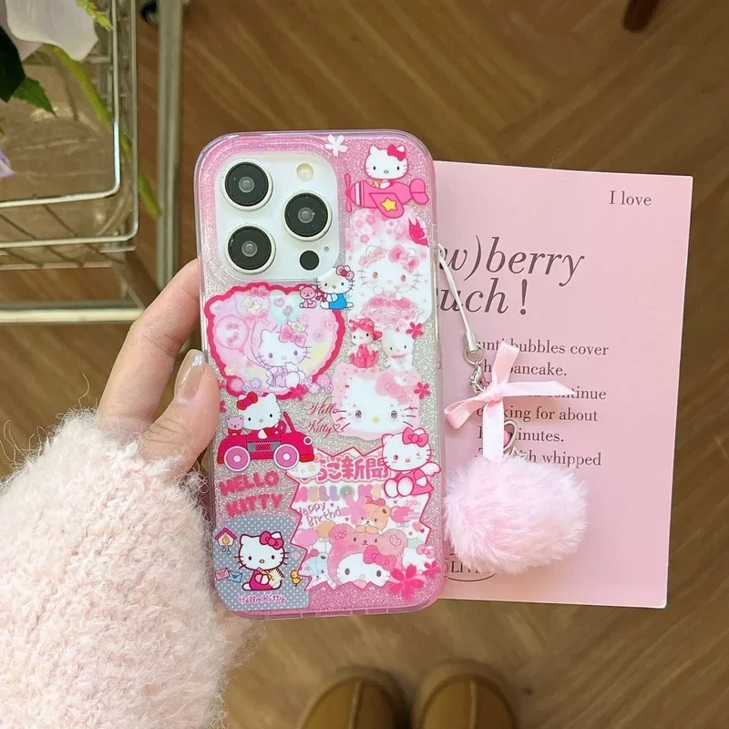 Śliczne kreskówkowe Sanrio Y2K Hello Kitty Bling brokatowe etui na telefon iPhone 15 14 13 12 11 Pro Max etui odporne na wstrząsy twarde etui IMD