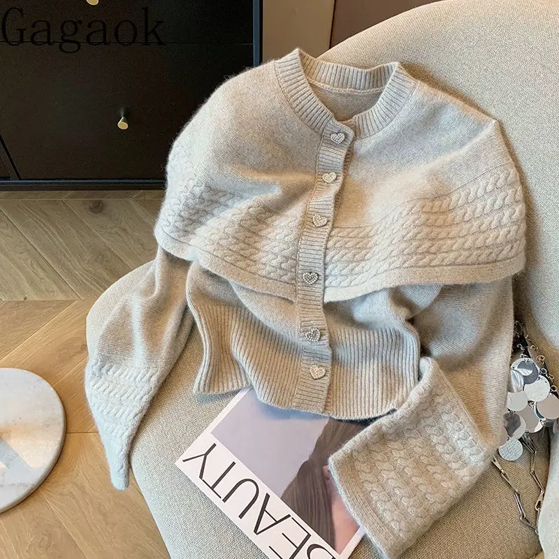 Gagaok Cardigans French Style Shawl Cape Heart Button Knitted Cardigan Sweater Women Autumn Slim Fit Temperament Short Coat