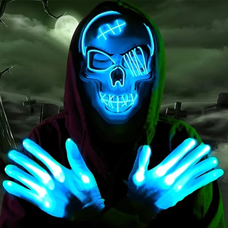 1Pair LED Gloves Halloween Skull Finger Gloves Rave Costume For Stage Show Performance Halloween Party Skeleton Cosplay Props