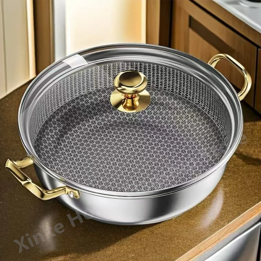 

30cm Stainless Steel Frying Pan Honeycomb Non-stick Soup Pot wok with lid Home Induction Cooker Gas Stove Stew Kitchen Cookware