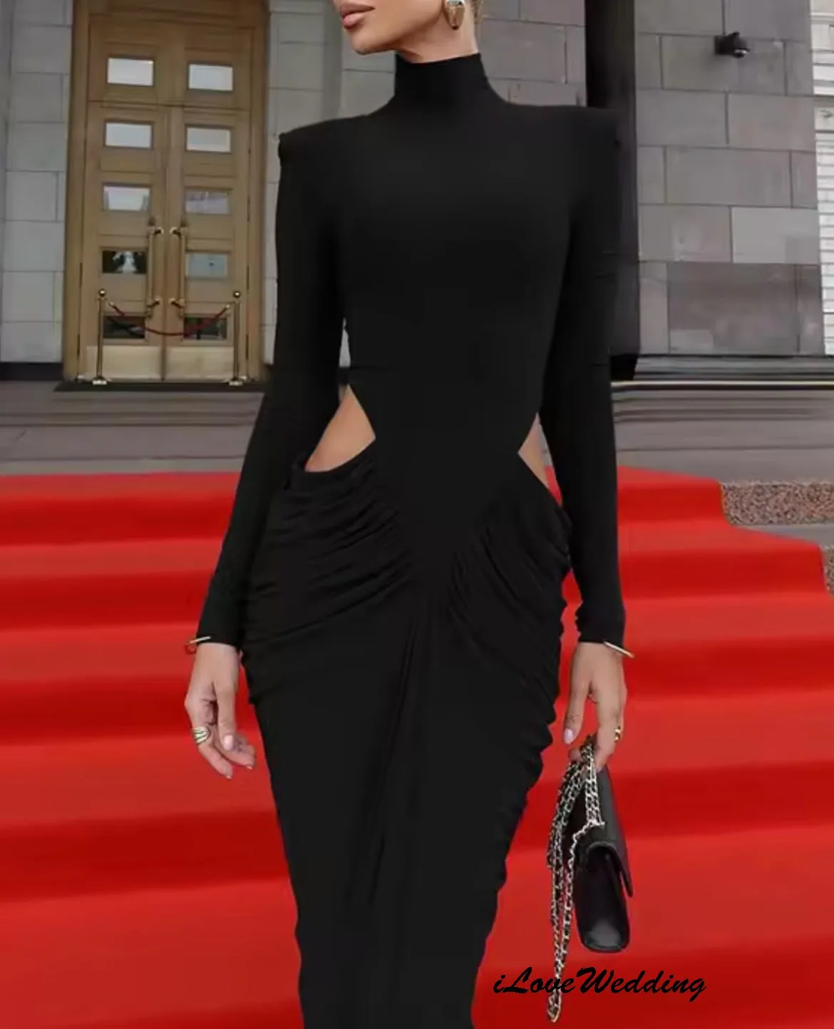 ハイネックエレガントなイブニングドレス 2025 長袖フォーマルガウンプリーツウエディングドレスマーメイド女性パーティードレスガラカスタマイズ