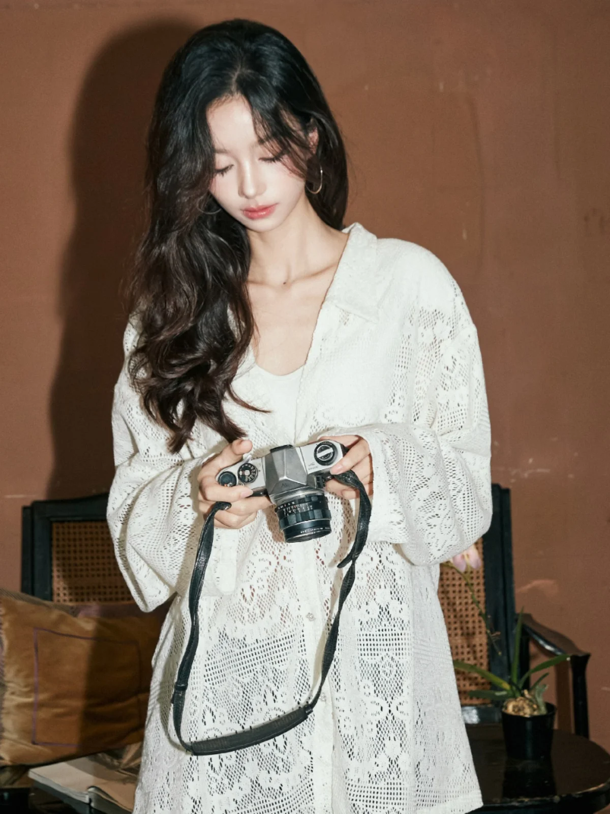 

Yann M Original Lace irt Loose Long Sve Cotton Feel Beige Casual Straight Cut Vintage New Sle Women's Faion irt