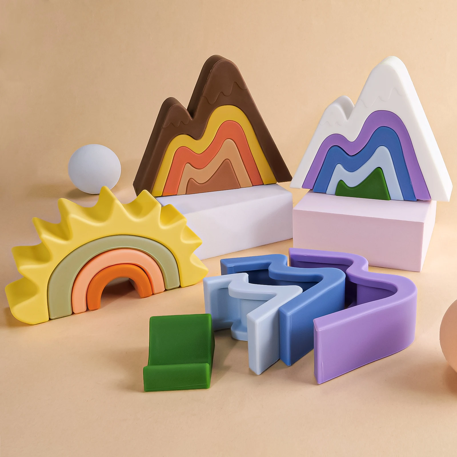 New Children Montessori Arch Bridge Mountains Tunnel Blocks Silicone Toys Baby early Education Colourful Cognitive Blocks Toys