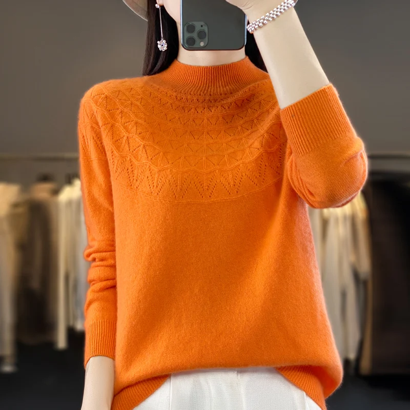 Seamless cashmere sweater women's semi-turtleneck pullover 23 autumn and winter knitted bottoming shirt 100% merino wool sweater