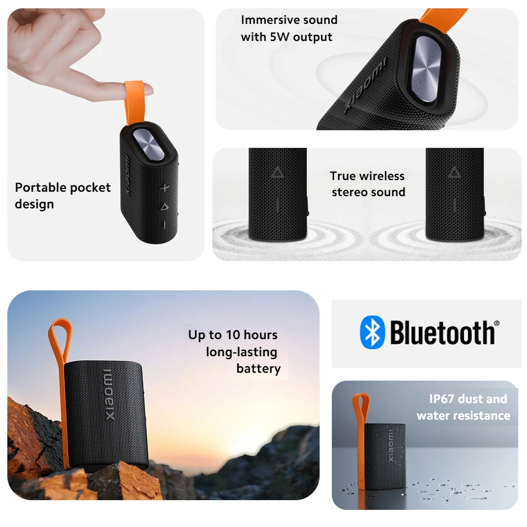 Xiaomi Sound Pocket 5W مخرج مكبر صوت محمول صحيح صوت ستيريو لاسلكي بلوتوث 5.4 IP67 مقاومة الغبار والماء