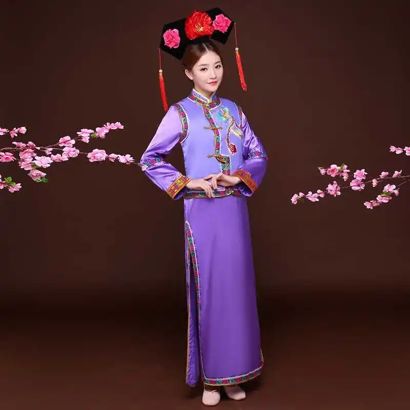 

Ancient China Qing Dynasty Ge Ge Apparel Manchu Royal Uniform Forbidden City Palace Maid Troupe Performance Hat + Costume