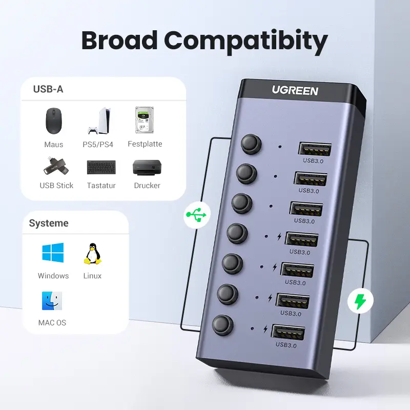 UGREEN USB HUB 7 Ports USB3.0 Splitter 5Gbps with Individual Switch Power Adapter for PC Laptop USB Ports Extender USB-C Docking - 6