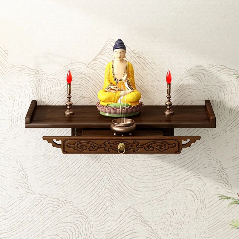 Wall Mounted Buddhist Shrine Niche Bracket for Guanyin Wealth God Statue Small Offering Altar Platform