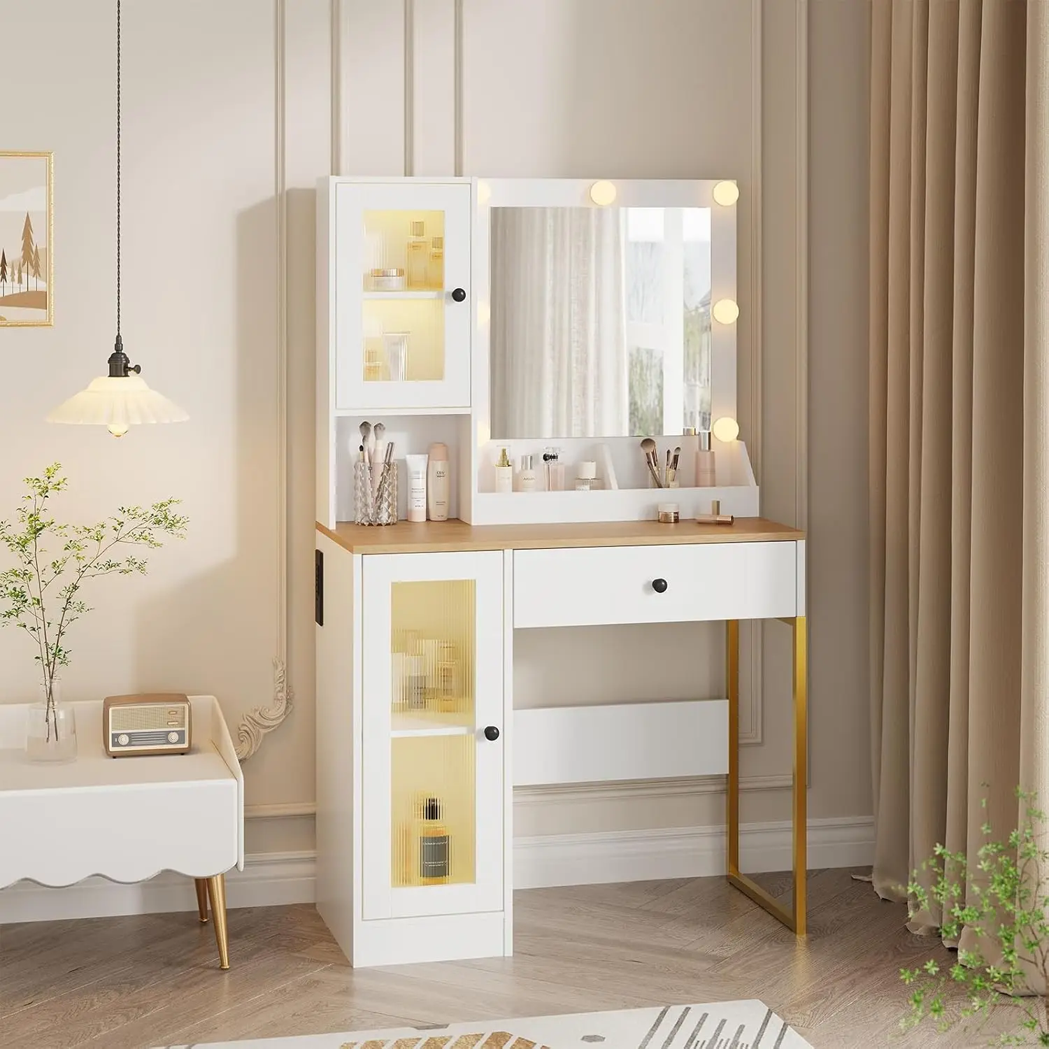 مكتب مكياج مع أضواء ومرآة - طاولة تزيين مع لمبات LED قابلة للتعديل ومنافذ USB ومنافذ تيار متردد وأدراج وخزانة