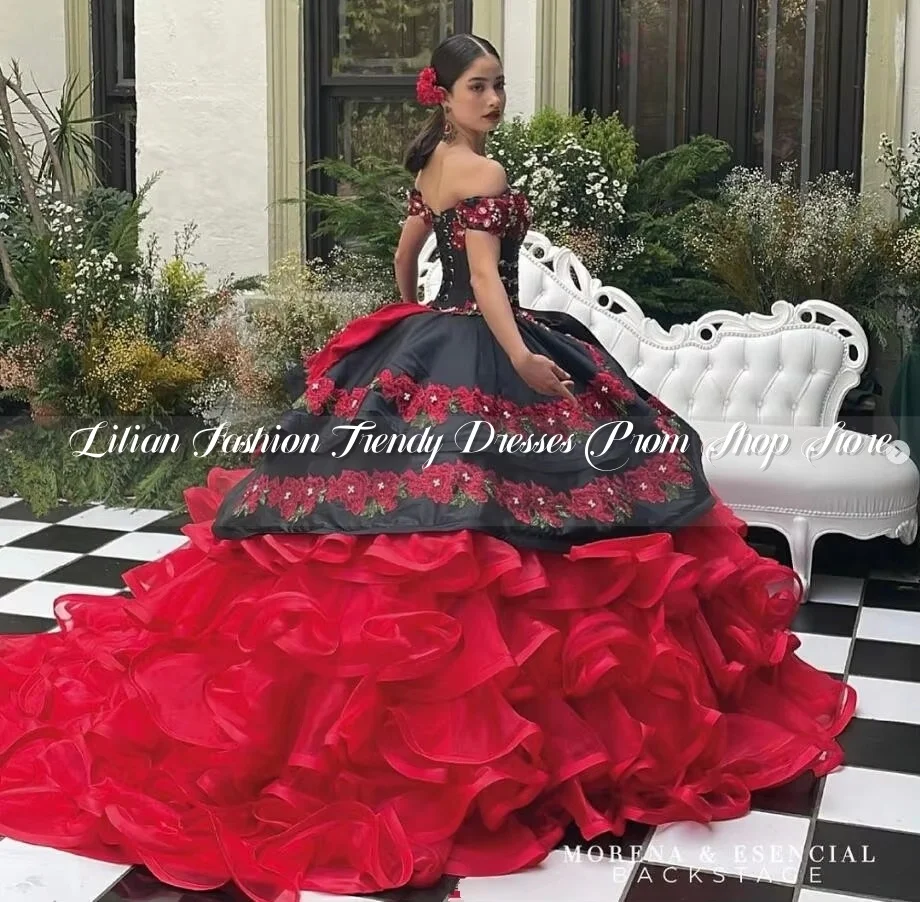 Vestidos Quinceanera Princesa mexicana, Vestidos com apliques florais fora do ombro, preto vermelho, Luxo, Charro, 15