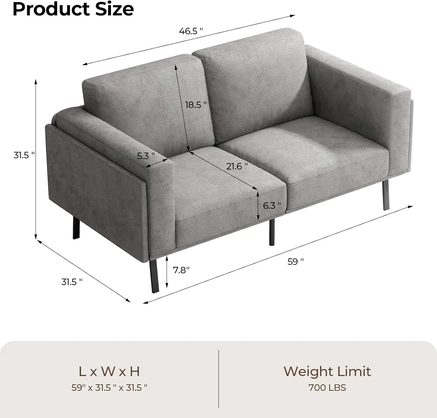 High Resilience Loveseat Sofa, Wooden Frame 2 Seat Sofa Couch with Thickened Suppleness Armrests& Linen Fabric Cover, Modern Dee