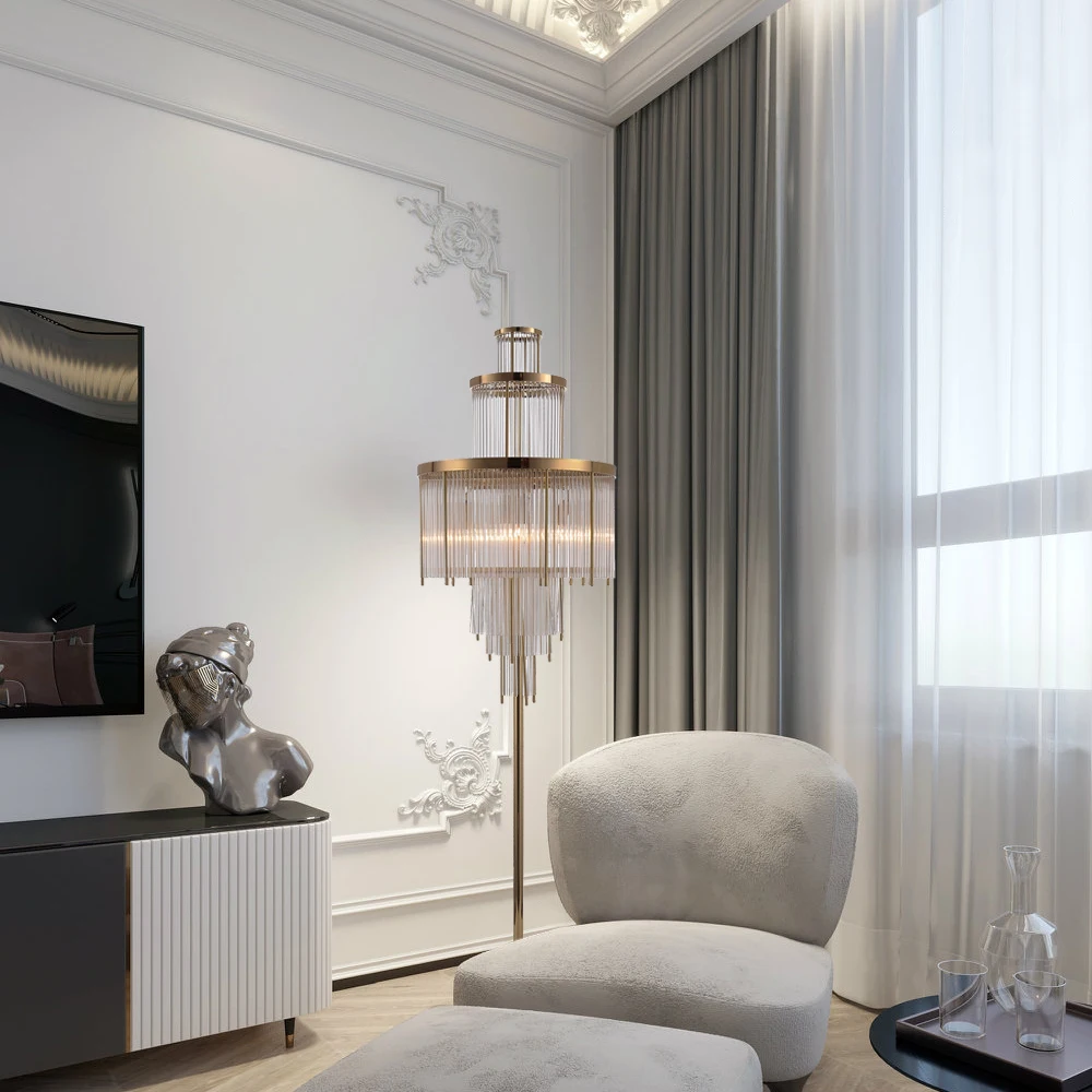 قطرة المطر الكريستال والزجاج عاكس الضوء النحاس العمودي مصباح مكتبي مصباح أرضي غرفة المعيشة