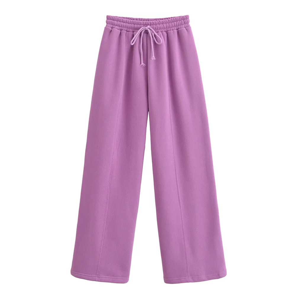 

PB&ZA 2024 Autumn New Women's Fashion Versatile Casual Round Neck Solid Color Loose High Waist Wide Leg Running Pants