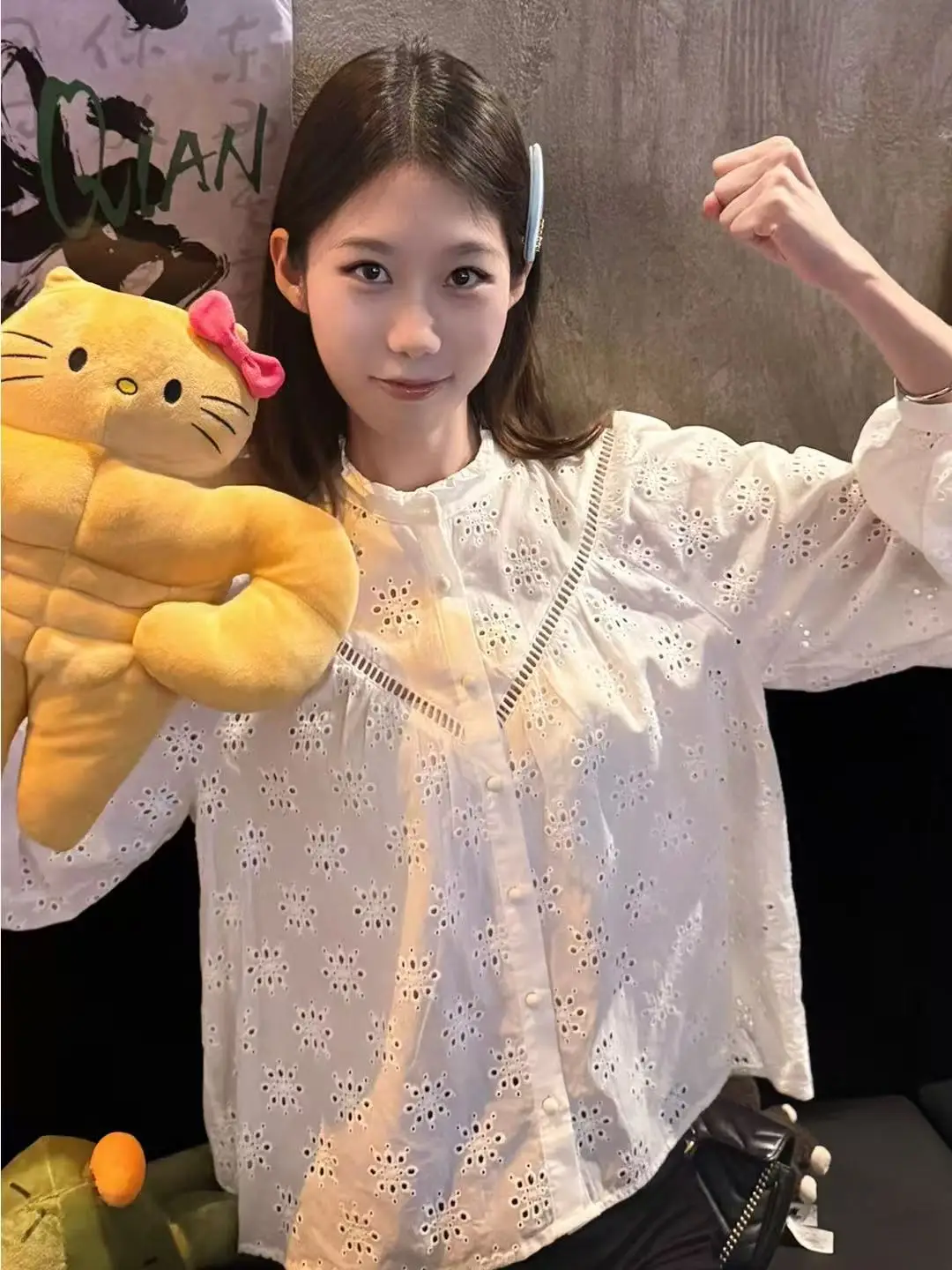 

Sweet Style Women's Cotton Long Sleeve Embroidered Hollow out round Neck Shirt Breathable Comfortable Loose Fit Fall New Arrival