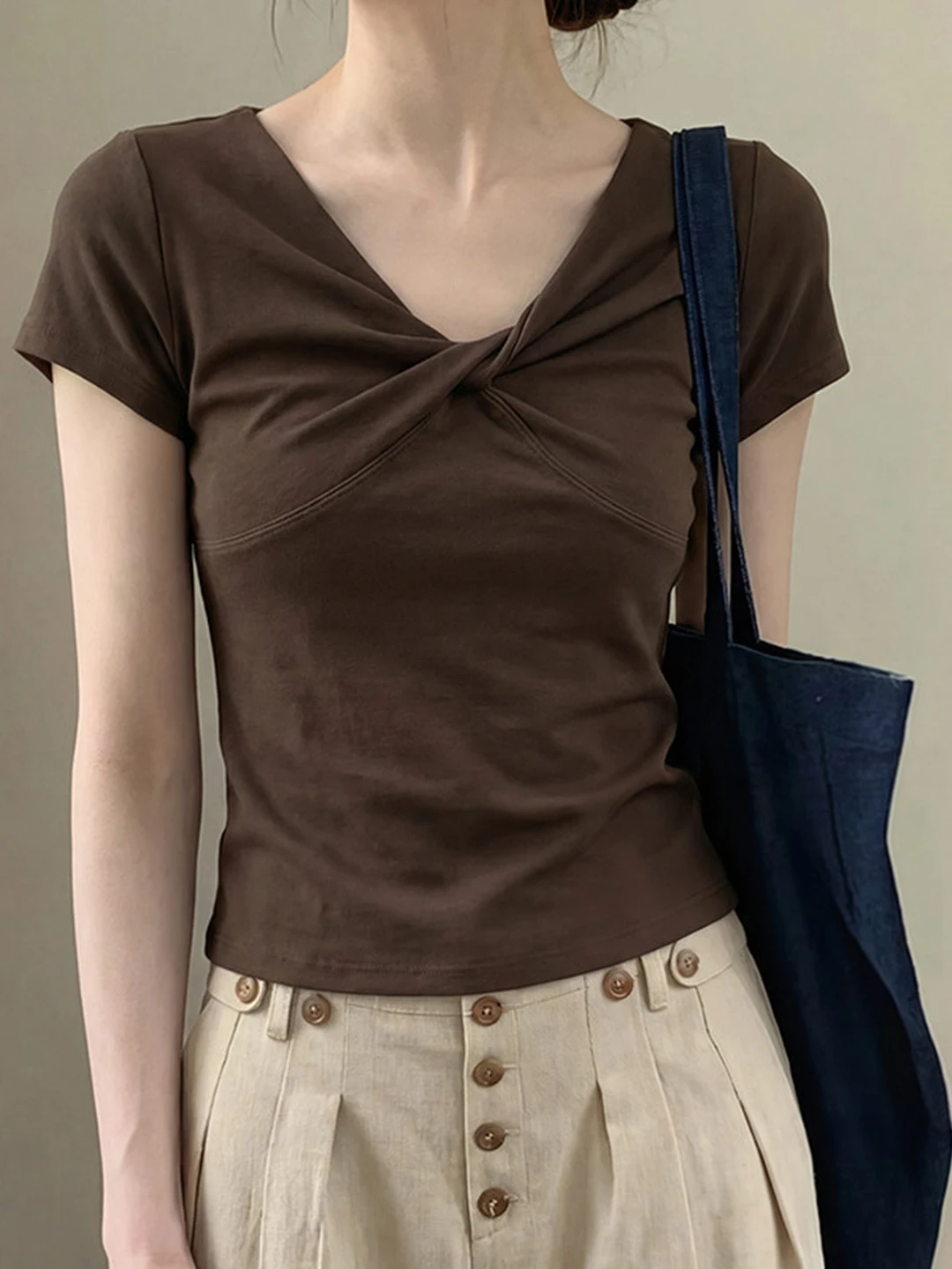 Summer 2026 Women's Knot V-Neck Short Sleeve T-Shirt Slim Fit Korean Style Gentle Pleated Large Size Fashion Commute Style