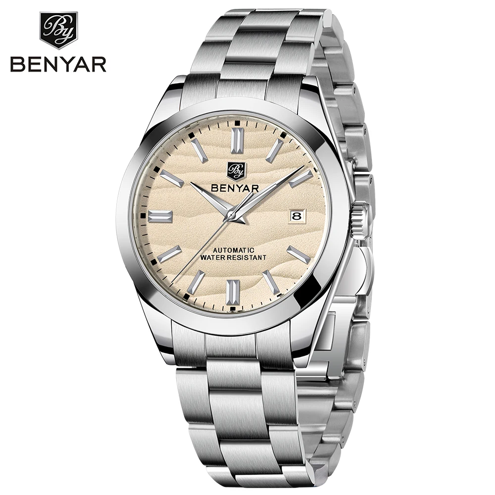 BENYAR5208 Design 40mm Men's Mechanical Watch - Luxury Business and Leisure Stainless Steel Automatic 50m Waterproof Watch