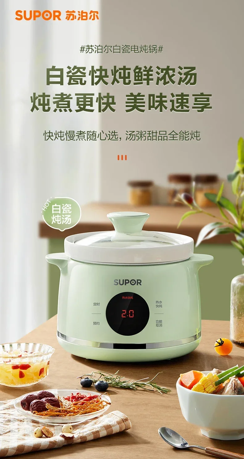 220V Ceramic Electric Stewpot with Automatic Soup and Porridge Cooking Function for 1-2 Persons