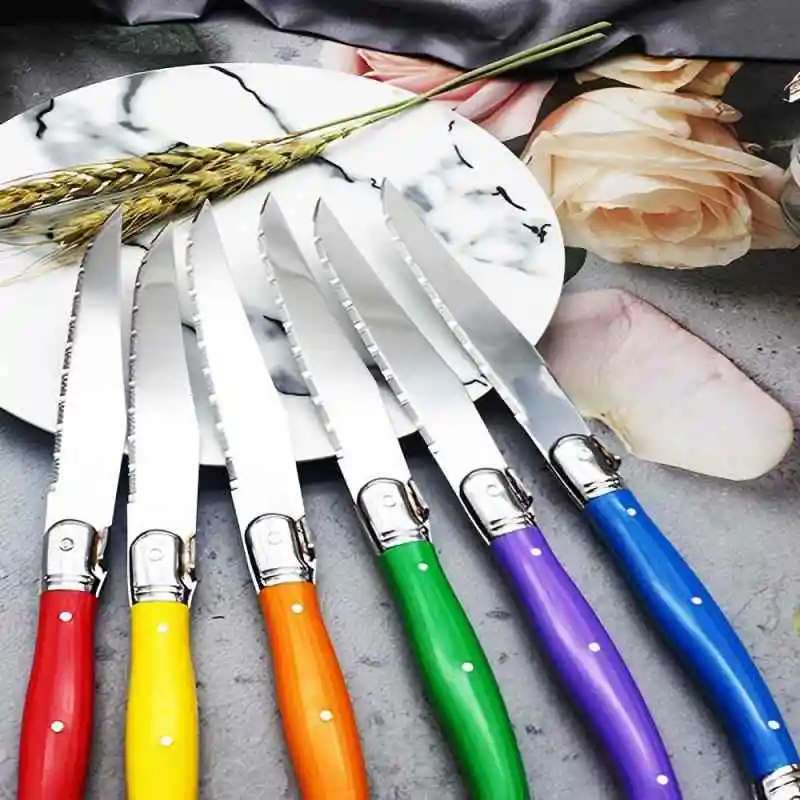 6-8pcs Laguiole Steak Knife Set  9\'\' Black Table Knives Stainless Steel Red Plastic Handles  Kitchen Cutlery Dinnerware set