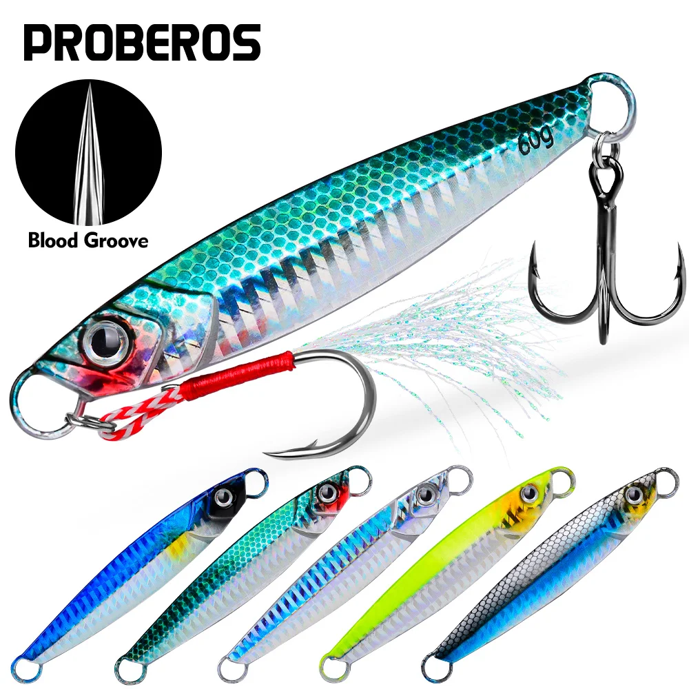 Proberos 5 peças luya placa de ferro isca biônica de metal para pesca marítima 17g/21g/24g/30g/40g/60g ganchos duplos isca falsa luminosa atacado