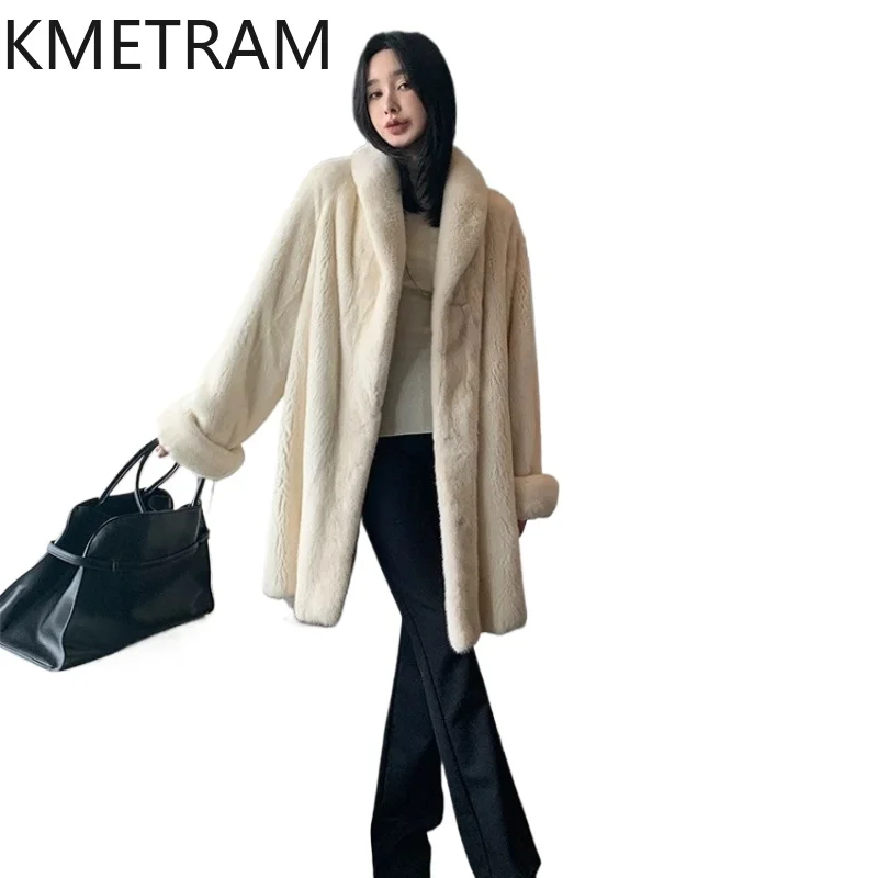 

KMETRAM Natural Mink Fur Coats Women Luxury Roll-Up Cuffs Pearl White Long Fur Jacket Winter Real Fur Coat Woman Clothes 2026 여성