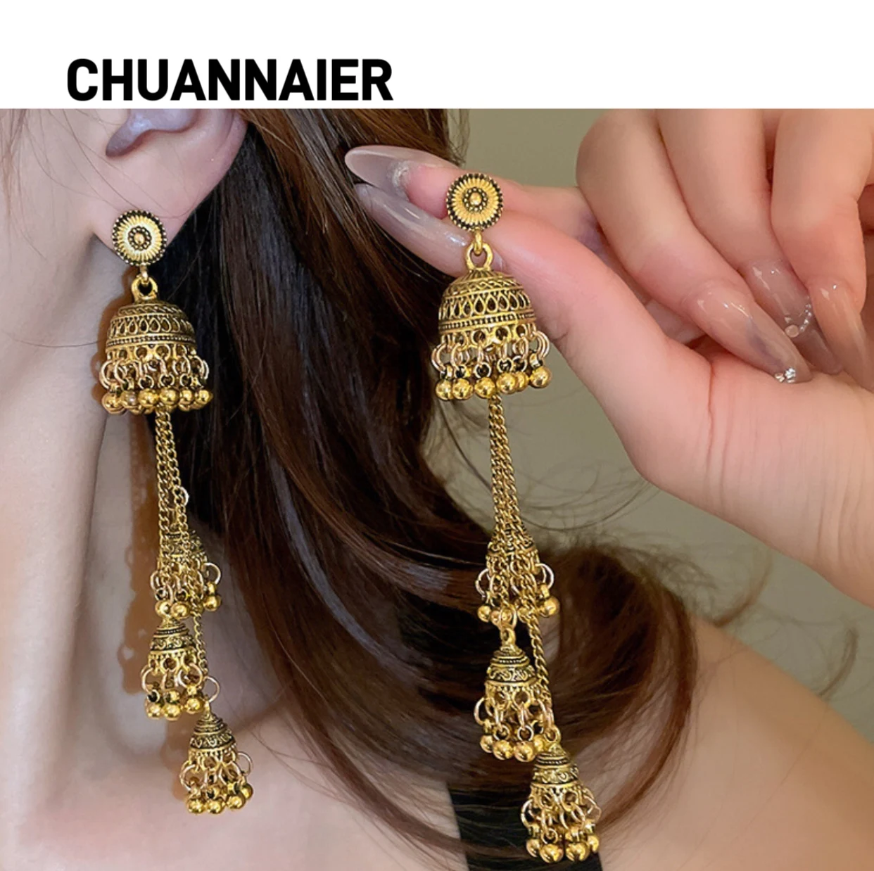 

Hot-selling retro patina metal-feel fringe earrings, ethnic style, luxurious temperament, individuality, high-end feeling, women