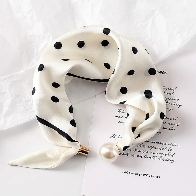 Women New Pearl Buckle Silk Scarf Printed Thin Neck Scarf Soft Lightweight Neckerchief