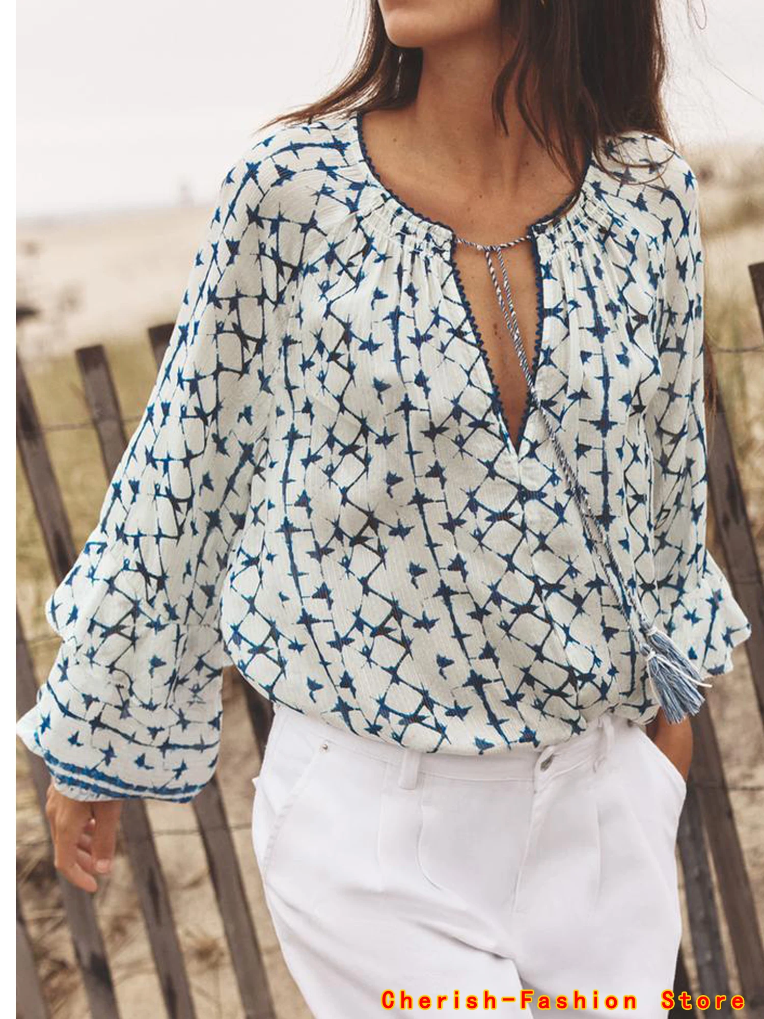 

Fashion Chiffon Geometric Print Long-sleeved Shirt for Women 2025 Spring and Autumn New Casual Loose Top Shirt for Women
