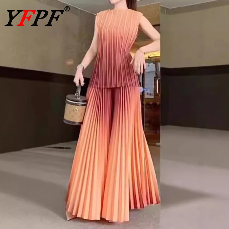 

YFPF Summer Pleated Gradient Women 2 Piece Set Sleeveless Pullover Blouse + Wide Leg Trousers Casual 2025 Clothing 3A187
