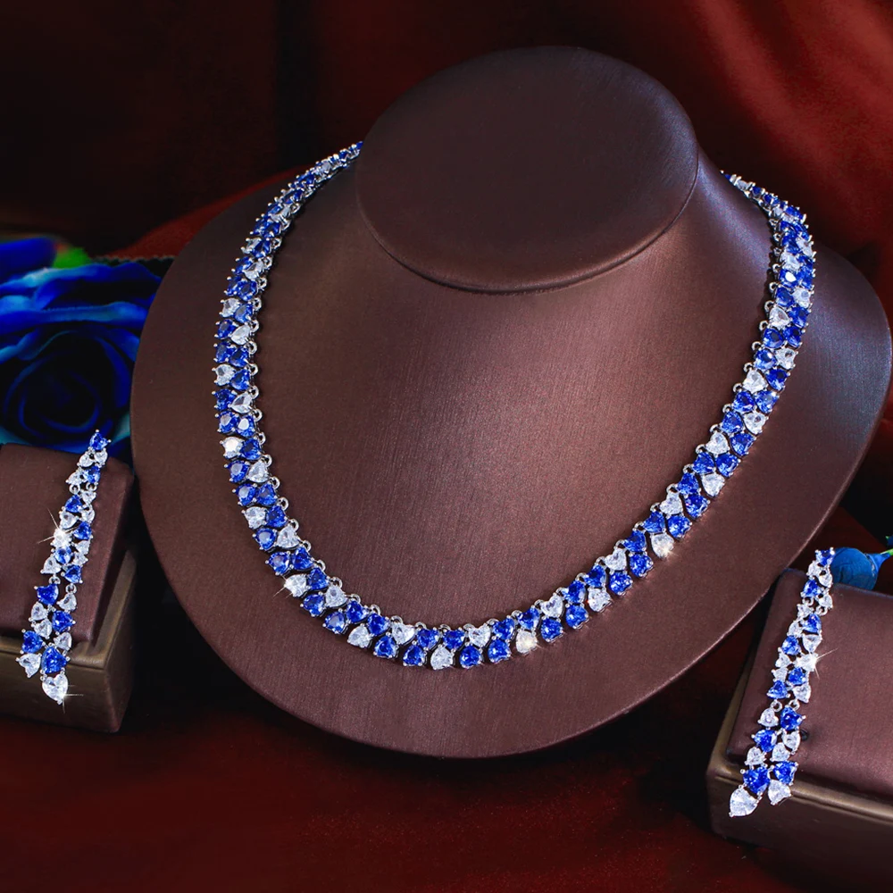 CWWZircons Luxuriöses Glänzendes Blaues CZ Herzförmiges Hochzeits-Bankett-Schmuckset mit Halskette und Ohrringen für Damen Großhandel T0972 – Detail 7