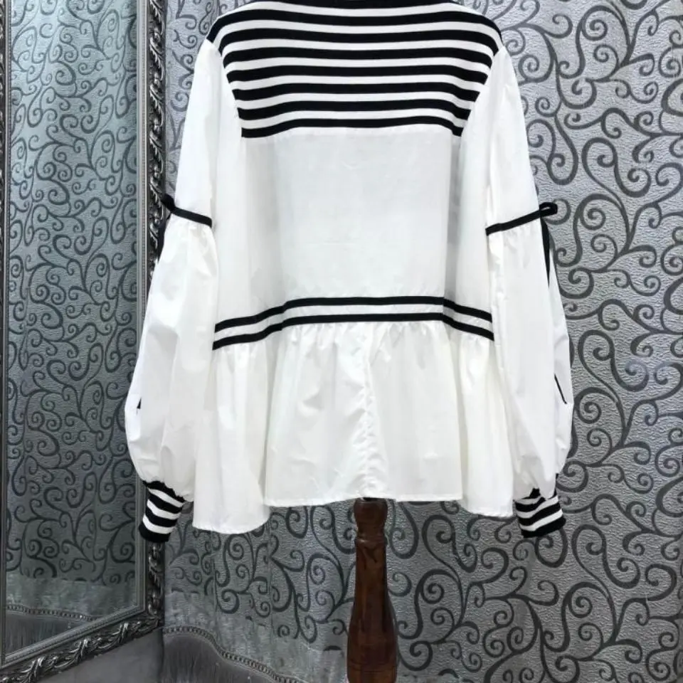 Loose Blouse O Neck Puff Sleeve Black White Striped Shirts Women Casual Tshirt Lace Up Contrast Pullovers Hoodies Blusas Mujer