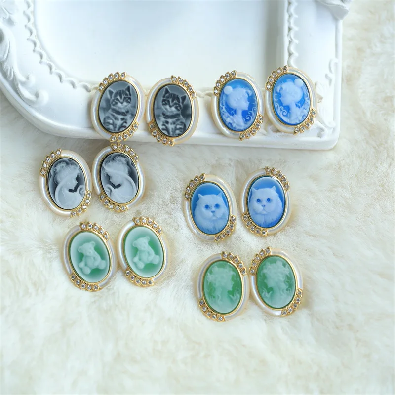 

s925Silver Inlaid Mother-of-Pearl Series Cameo Agate Earrings European Vintage Style