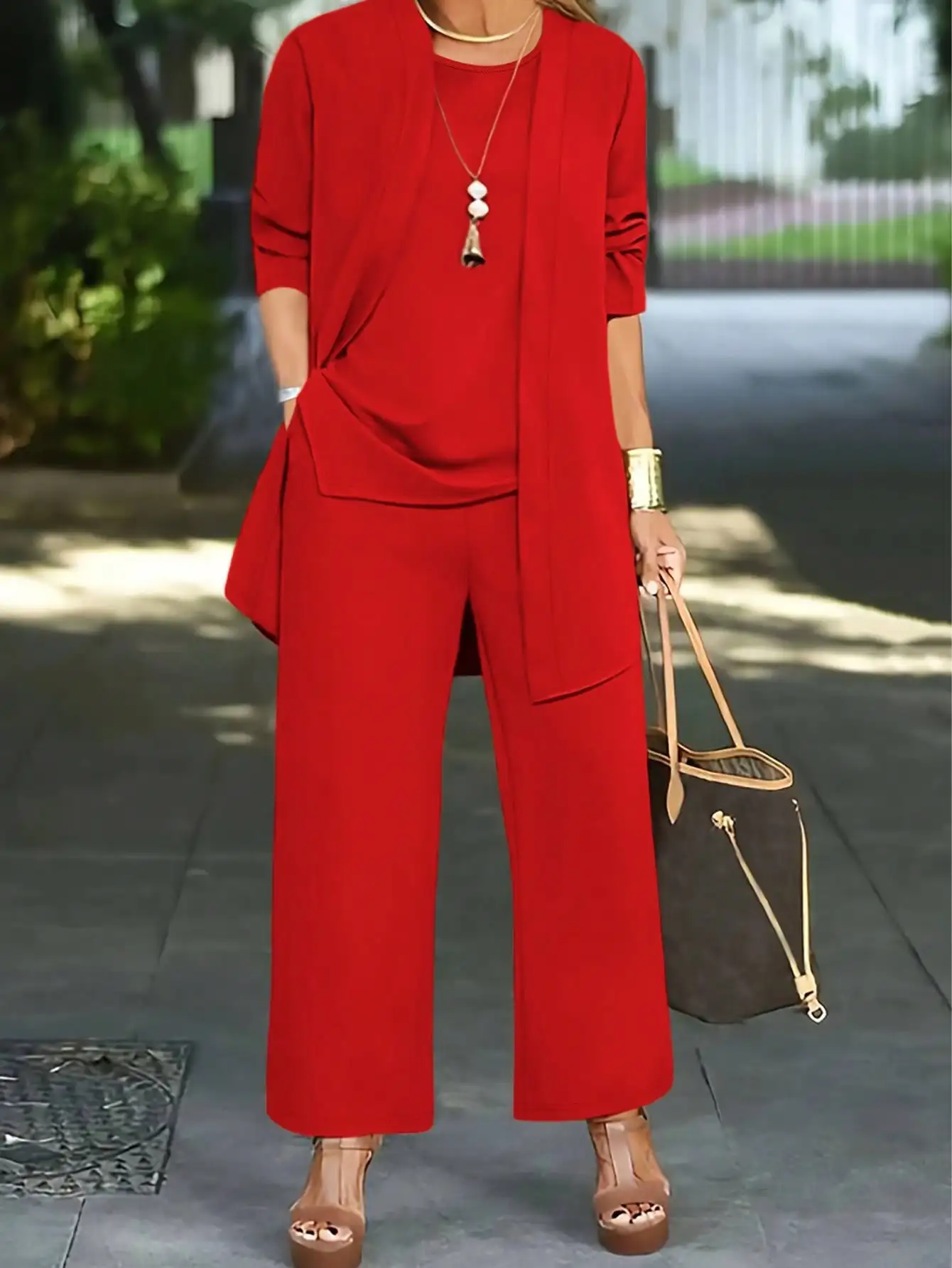 

3-Piece Women's Red Solid Color Set: Open Front Cardigan, Round Neck Top, Wide Leg Pants
