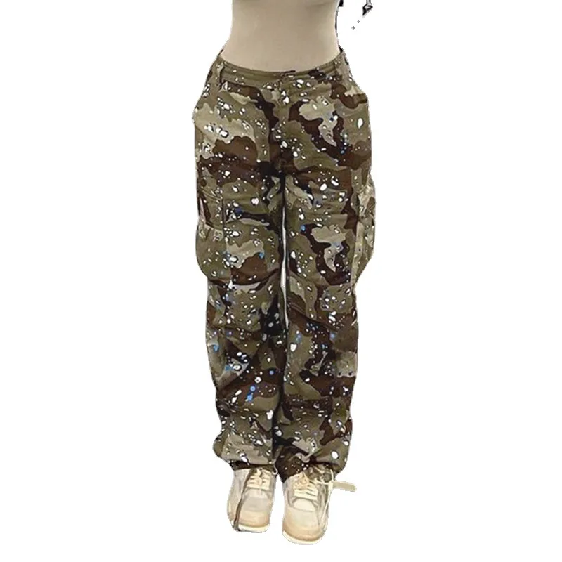 Dames Lange Broek Cargo Broek Camouflage Zak Gesplitste Broek Strakke Hoge Taille Casual Losse Trekkoord Capri 'S Zomer 2024