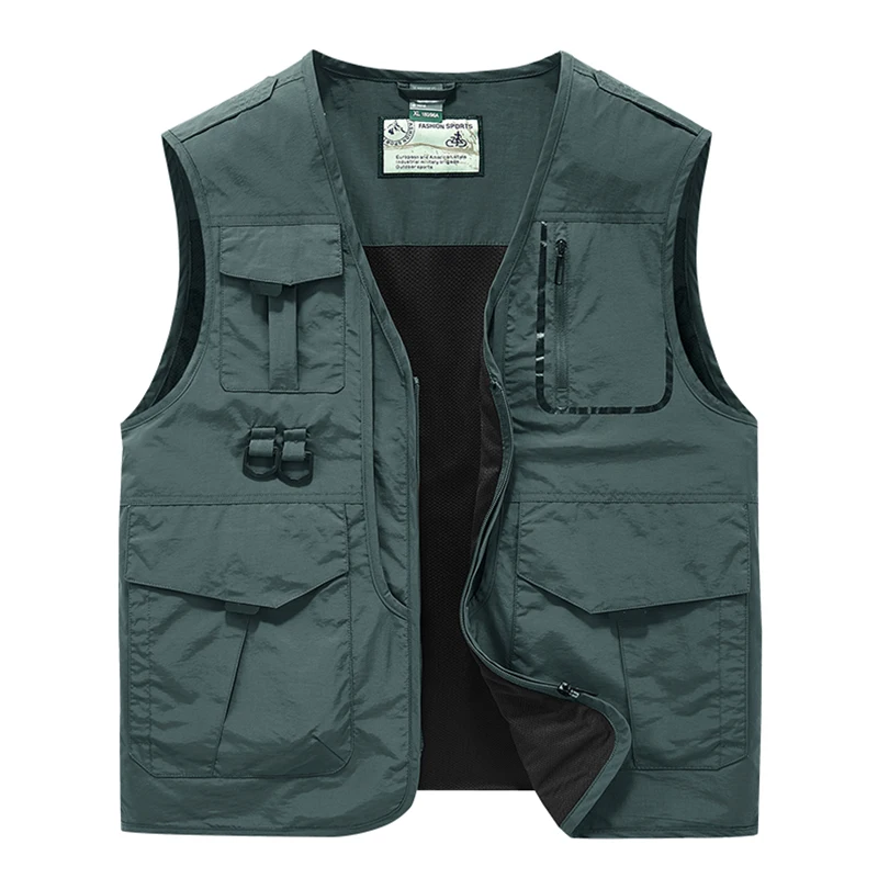 

Men Solid Color Outdoors Fishing Cargo Casual Vest Jackets Male 2026 Men Spring Sleeveless Many Pocket Stand Collar Vest Jackets