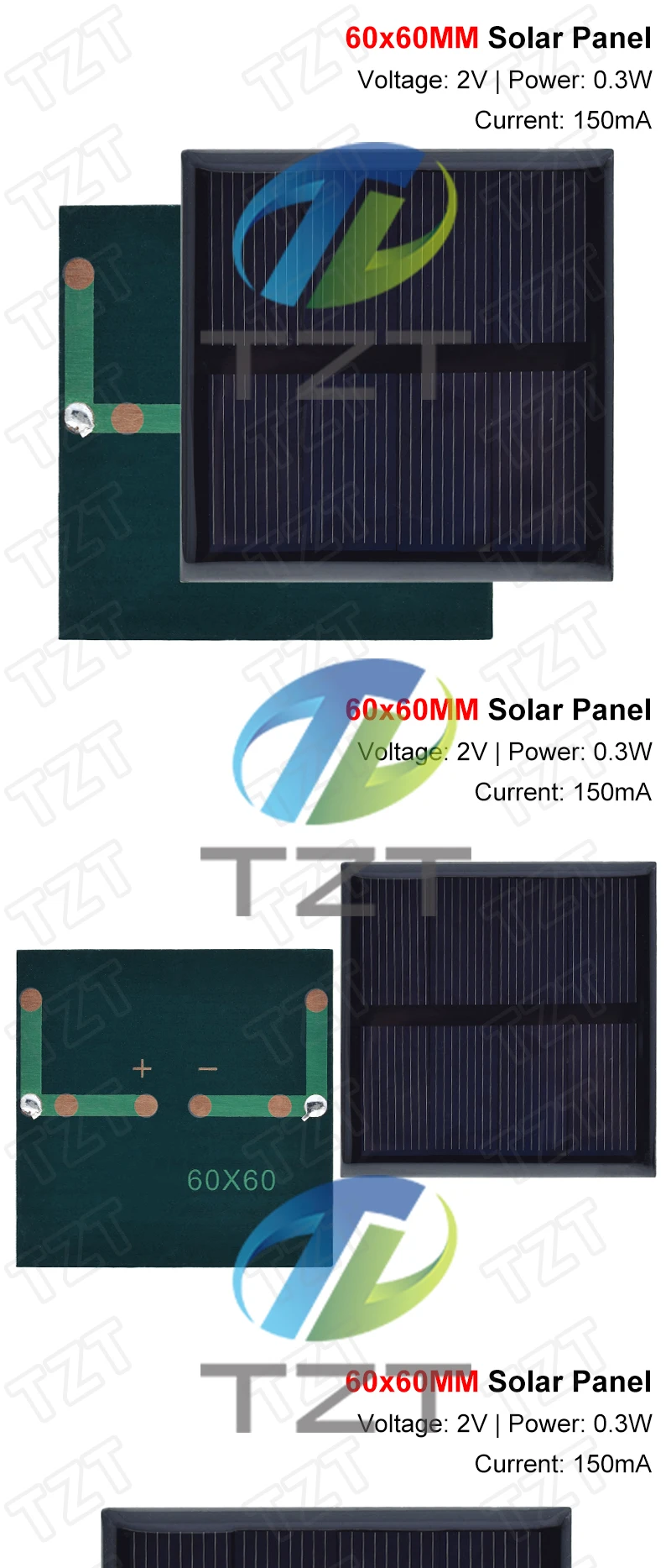 TZT 1/3/5PCS Solarzelle 2V 150mA 0,3W 60*60MM Solarsystem DIY für Batterie-Handy-Ladung, polykristallines Solarpanel – Detail 7