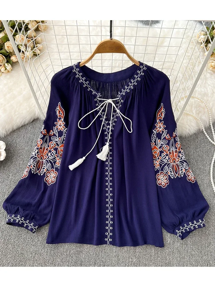 Women Spring Autumn Blouse Ethnic Retro Round Neck Embroidered Tassel Loose Tie Cotton and Linen Shirt Casual Doll Shirt D2763