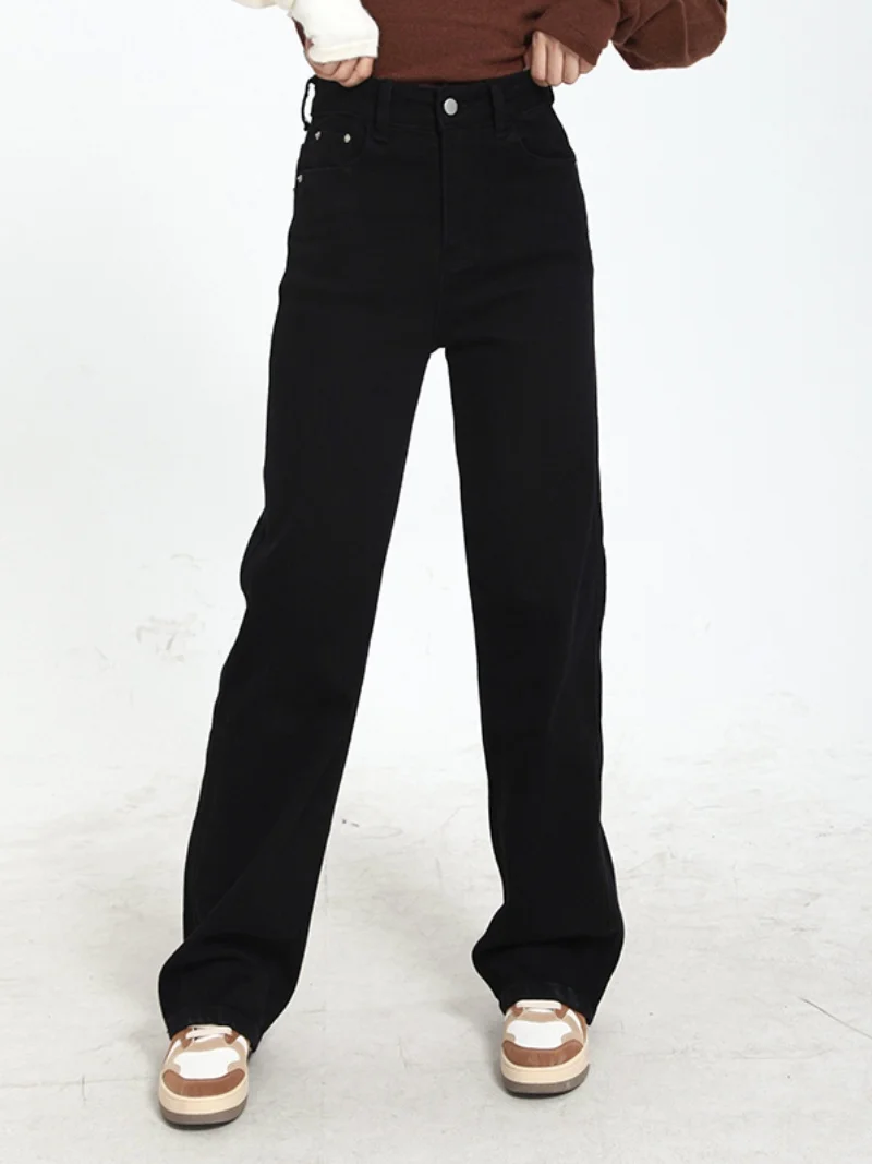 

High Street Fashion Jeans Women Black Slimming Straight Leg Loose Fit Elastic Waist Summer Versatile Casual Pants