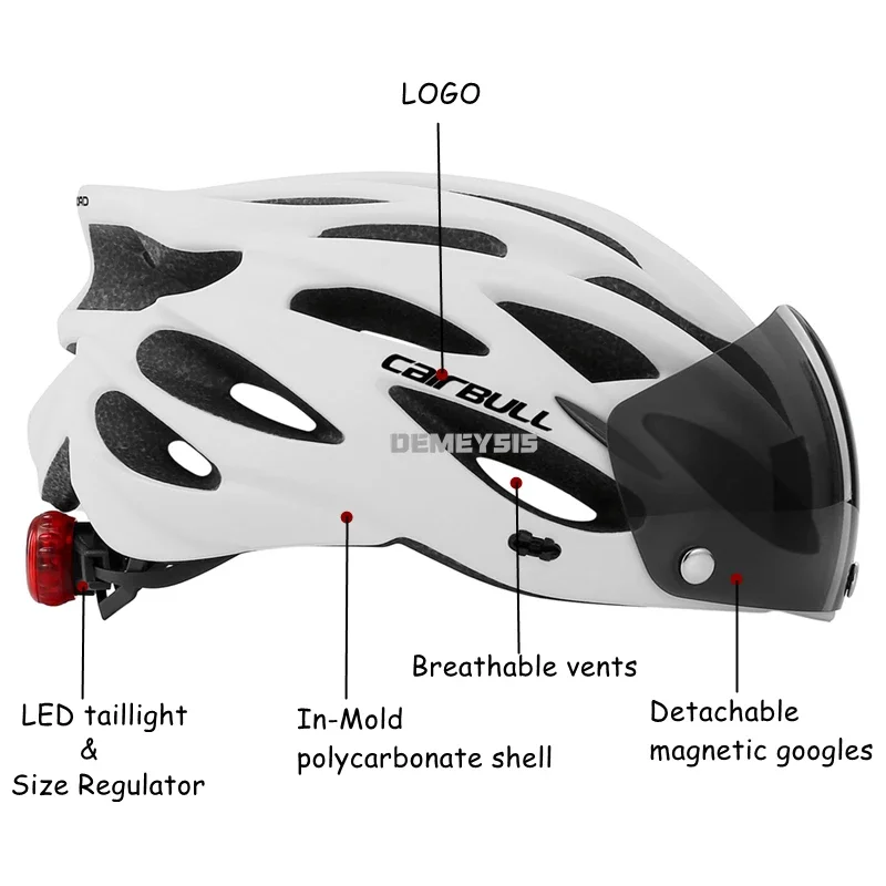 Intergrally-molded Mountain Bike Helmet with Removable Goggles Visor Adjustable Men Women Bicycle Cycling Taillight Helmet