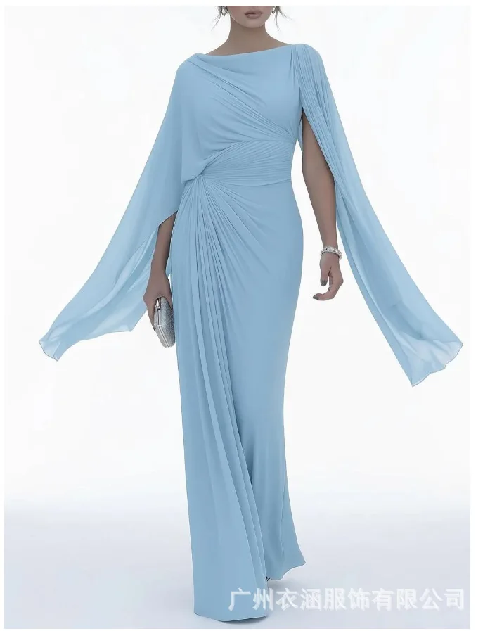 Sexy Abendkleid mit Schrägausschnitt und Falten, Elegantes Hochgeschnittenes Einfarbiges Bankett-Kleid, Damen Freizeitkleid mit Unregelmäßigen Langen Ärmeln – Detail 11