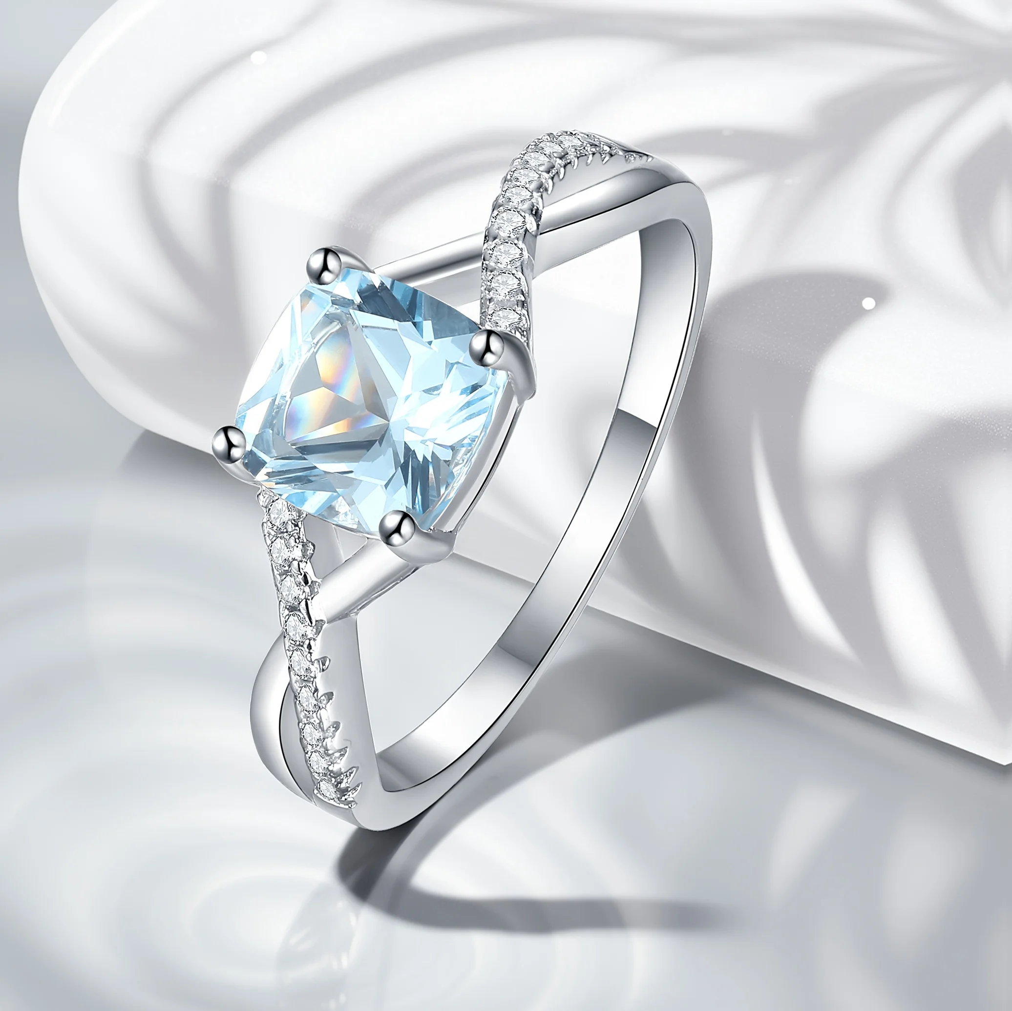

Cushion 7*7mm Ring 925 Sterling Silver Rings for Women Sky Blue Emerald Pink Engagement Wedding
