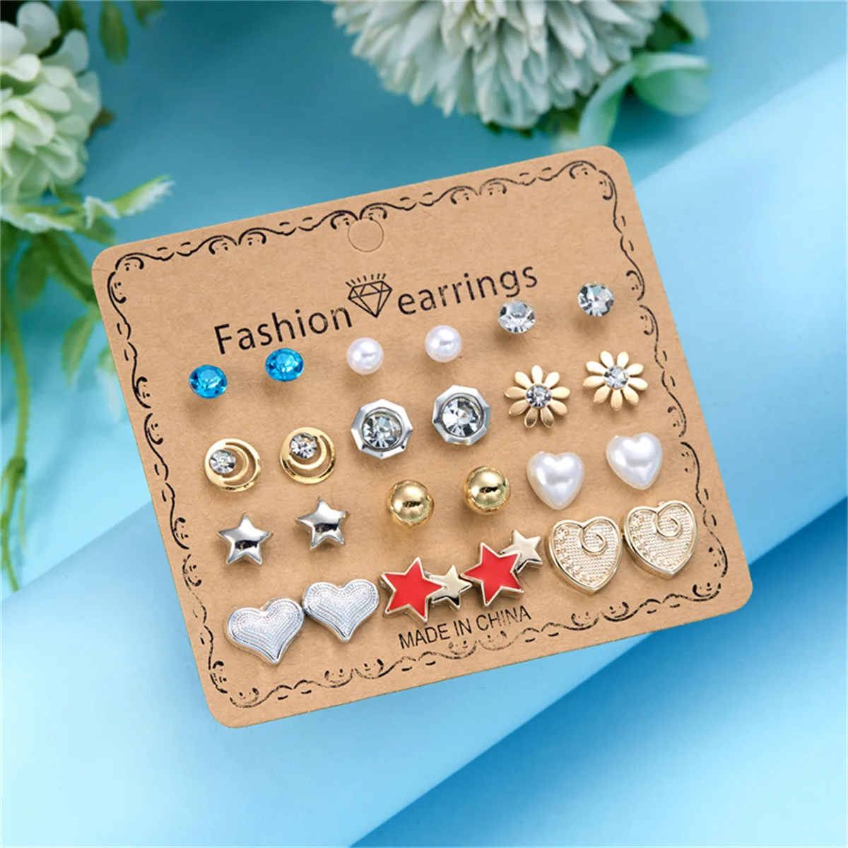 12Pairs/Set Trendy Love Heart Flower Stud Earrings For Women Vintage Zircon Imitation Pearl Star Butterfly Earring Party Jewelry