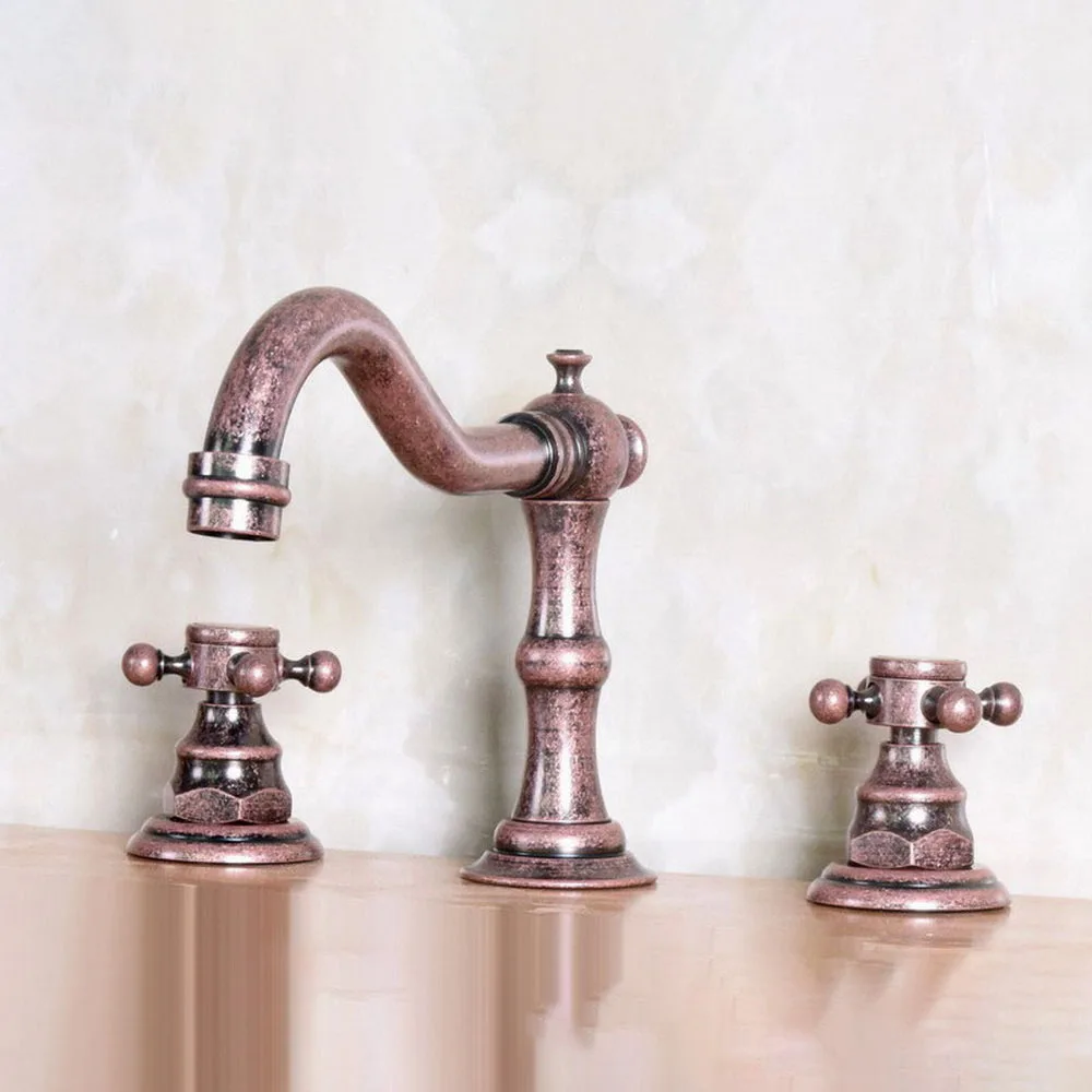 

Bathroom Antique Copper Mixer Faucet Two Handles 3 Hole Basin Sink Hot Cold Water Taps Nnf173