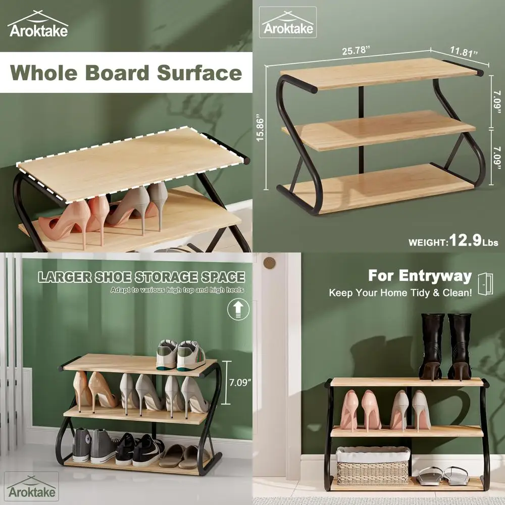 

3-Tier Wooden Shoe Rack with Metal Shelves for Organizing High Heels, Ideal for Hallway, Living Room, Closet, and Bedroom in Nat