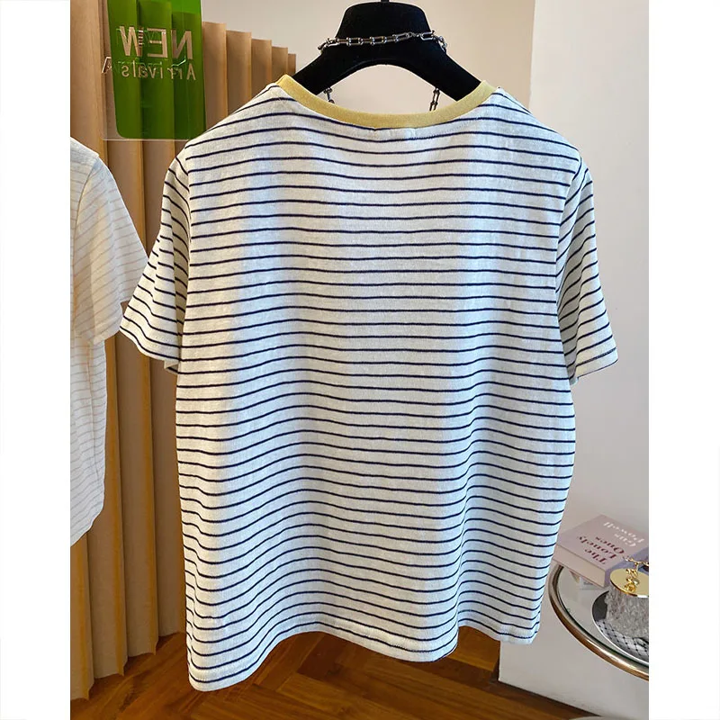 Korean Large Size Women Summer Casual All-match Young Style Stripe Round Neck Loose Comfortable Short Sleeve All-match T-shirt